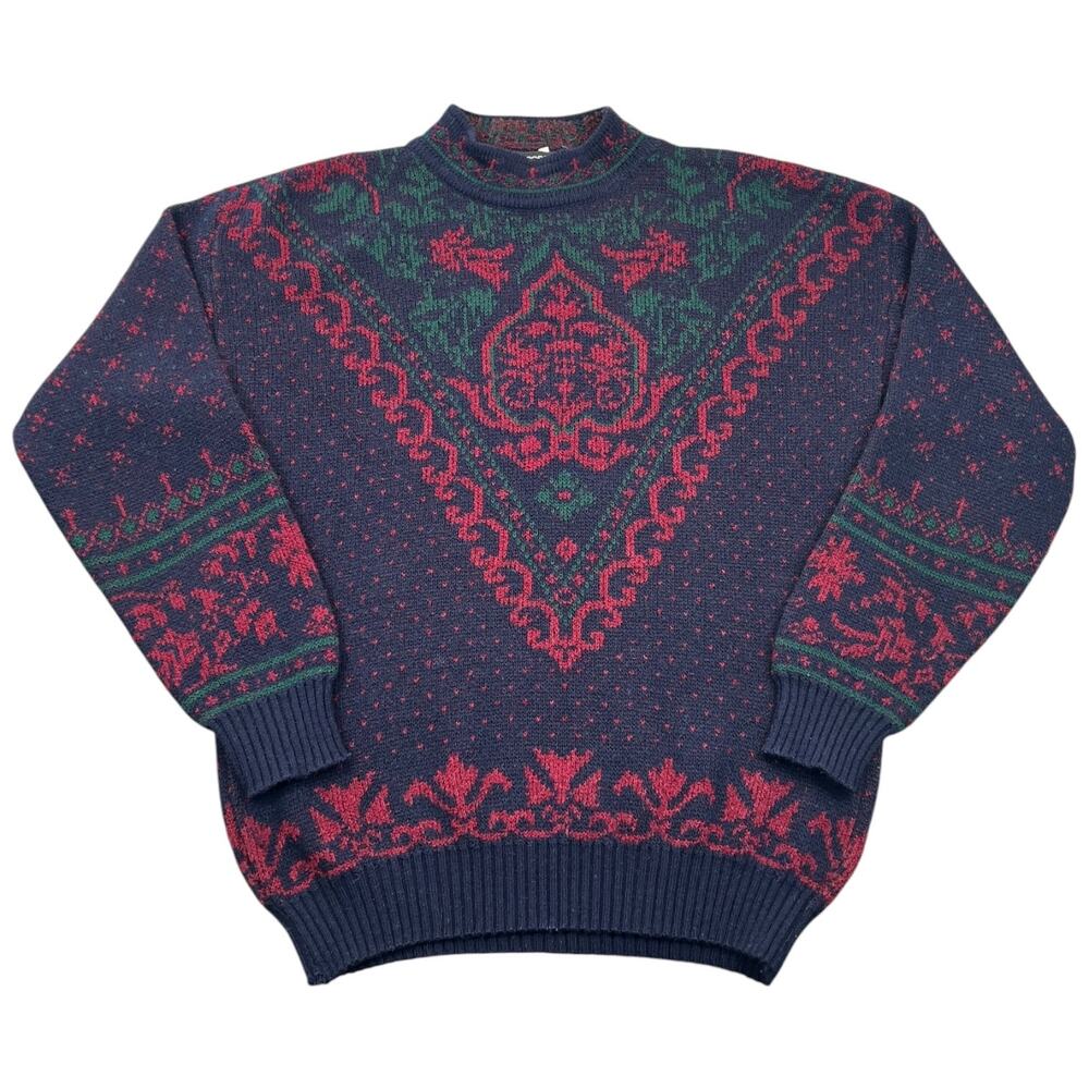 Vintage Metropolis Nordic Wool Blend Sweater Navy Red Green Made Italy XL